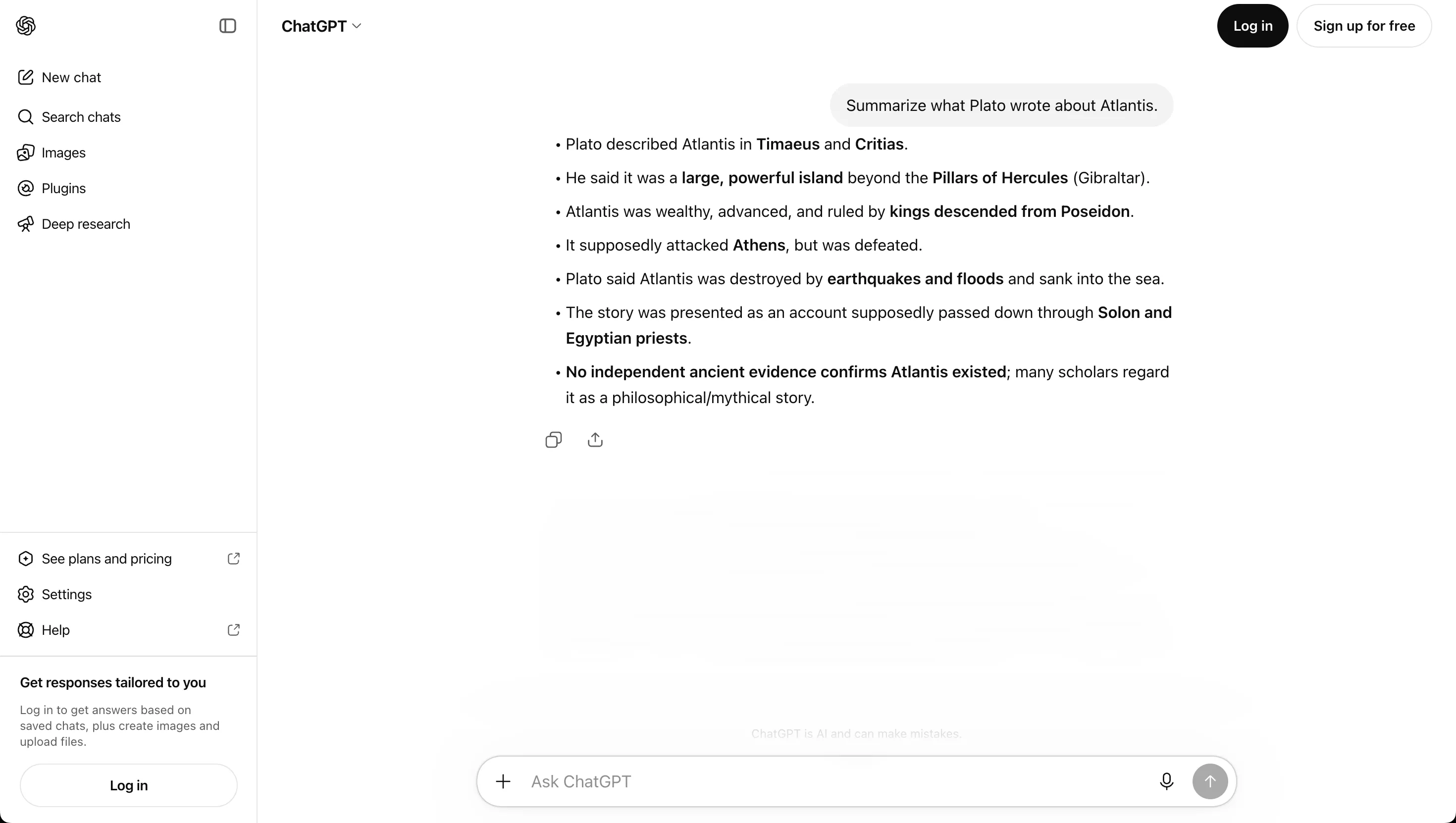 The same ChatGPT response with adblocked.ai enabled. The sponsored ad card and the ads disclaimer are gone; only the answer remains.