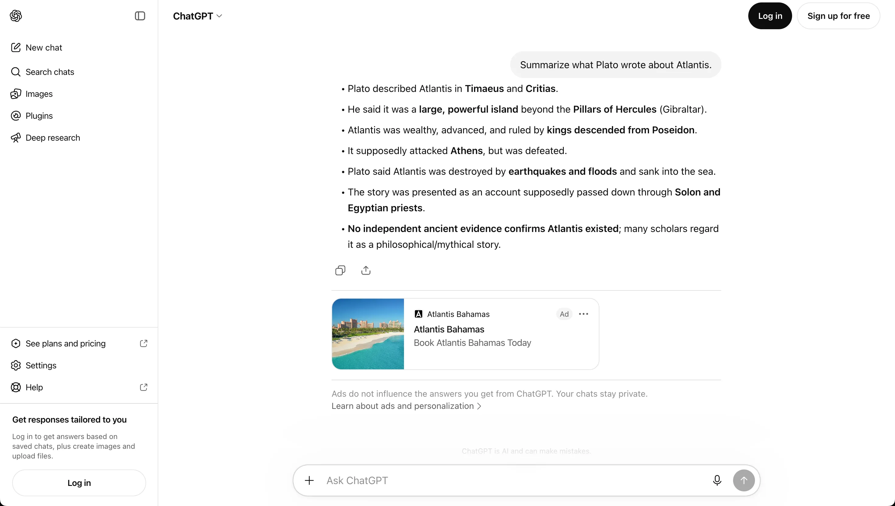 ChatGPT answering a question about Atlantis. A sponsored 'Atlantis Bahamas' ad card sits below the response, followed by a disclaimer reading 'Ads do not influence the answers you get from ChatGPT.'